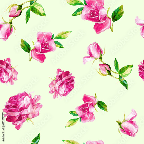 Seamless pattern of roses painted in watercolor.