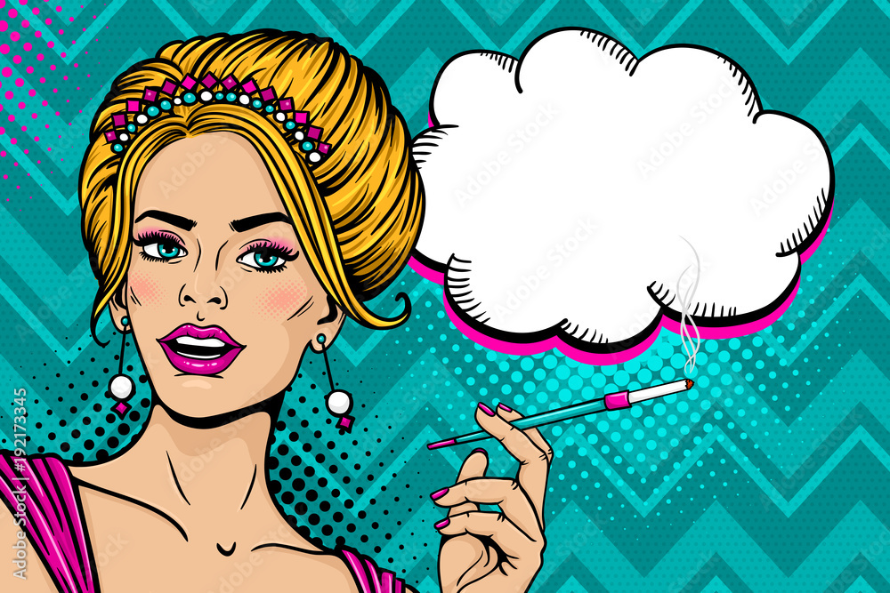 Wow female face. Sexy young blonde woman in festive dress and tiara holding cigarette and empty speech bubble. Vector colorful background in pop art retro comic style. Party invitation poster.