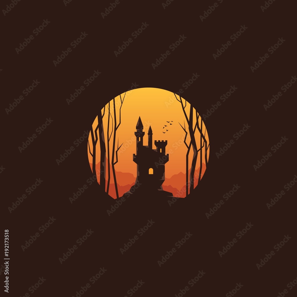 Flat vector illustration of castle silhouette in the forest. Halloween poster