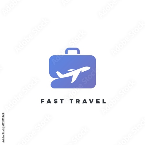Air travel logo. Silhouette logotype with negative space. Plane and suitcase