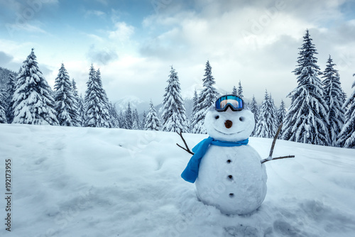 Funny snowman in ski glass in snowy mountains. Ski resort concept. Merry Christmass and happy New Year!