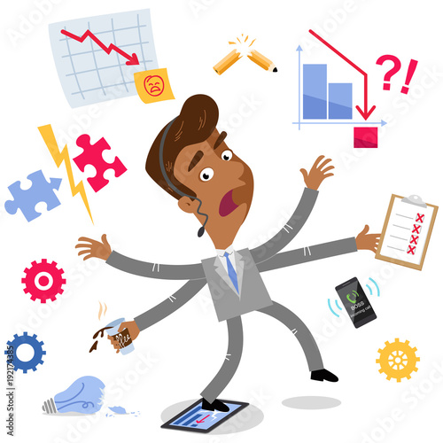 Vector illustration of a clumsy asian cartoon businessman with four arms failing at doing multiple office tasks at once isolated on white background