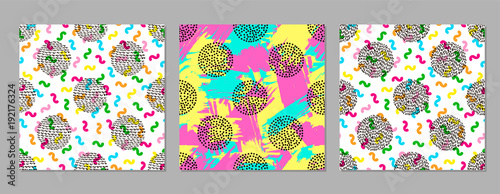Colorful geometric seamless patterns. Bright backgrounds. 80's - 90's years design style