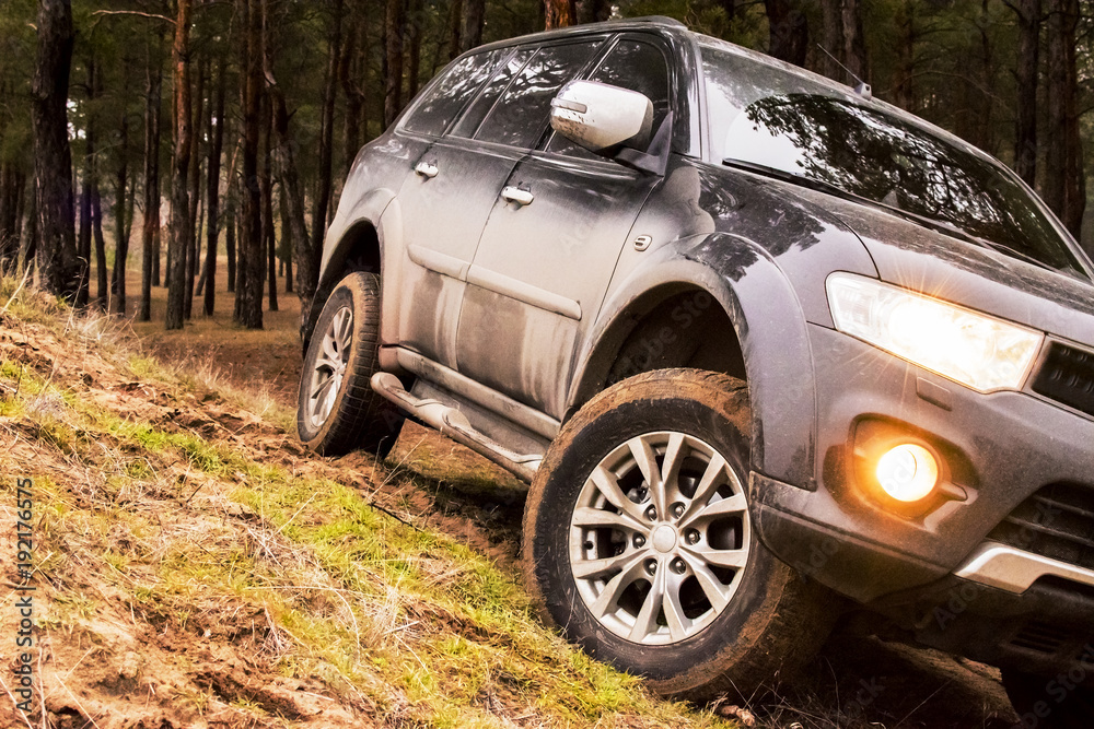Naklejka premium large black SUV stands inclined on a sandy hill in the forest