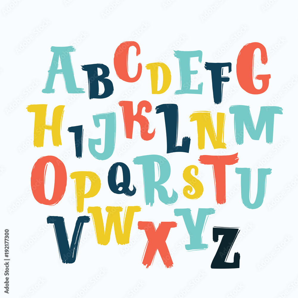 Vector unique lettering font, hand drawn. ABC, kids, funny, children. Isolated, letters set, alphabet, paint splashes, color. Vector unique lettering font, hand drawn. ABC, kids, funny, children. Isolated, letters set, alphabet, paint splashes, color.