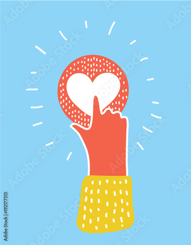 Pointing finger on pink heart button. Human hand on love symbol.