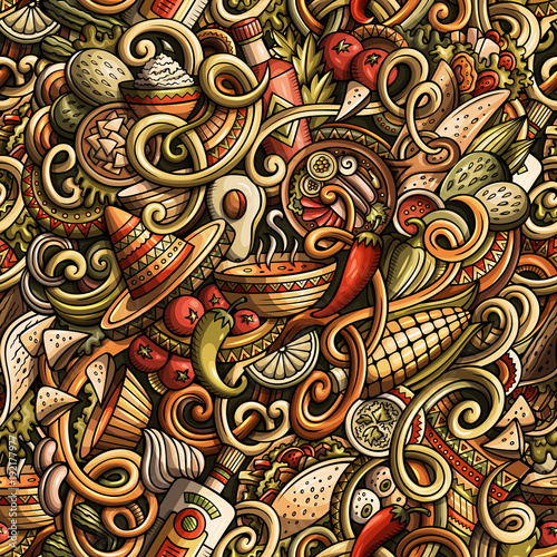 Cartoon mexican food doodles seamless pattern