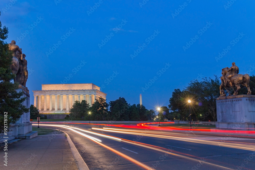 Lincoln Memorial at night. Seen from Memorial Bridge, Washington DC, USA. Long exposure photography.
