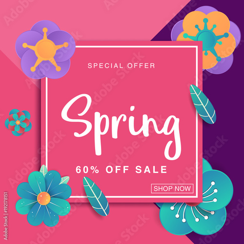 Spring sale banner with paper flowers for online shopping, advertising actions, magazines and websites