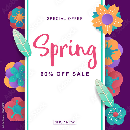 Spring sale banner with paper flowers for online shopping, advertising actions, magazines and websites