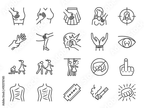 Harassment and abuse line icon set. Included the icons as victim, sexual harassment, molestation, assault, violent, inappropriate, women and more.