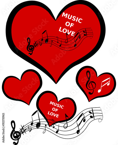 Muzyka miłości kilka serc czerwono czarnych z białymi napisami . Nuty pięciolinia .
Jing Jang 