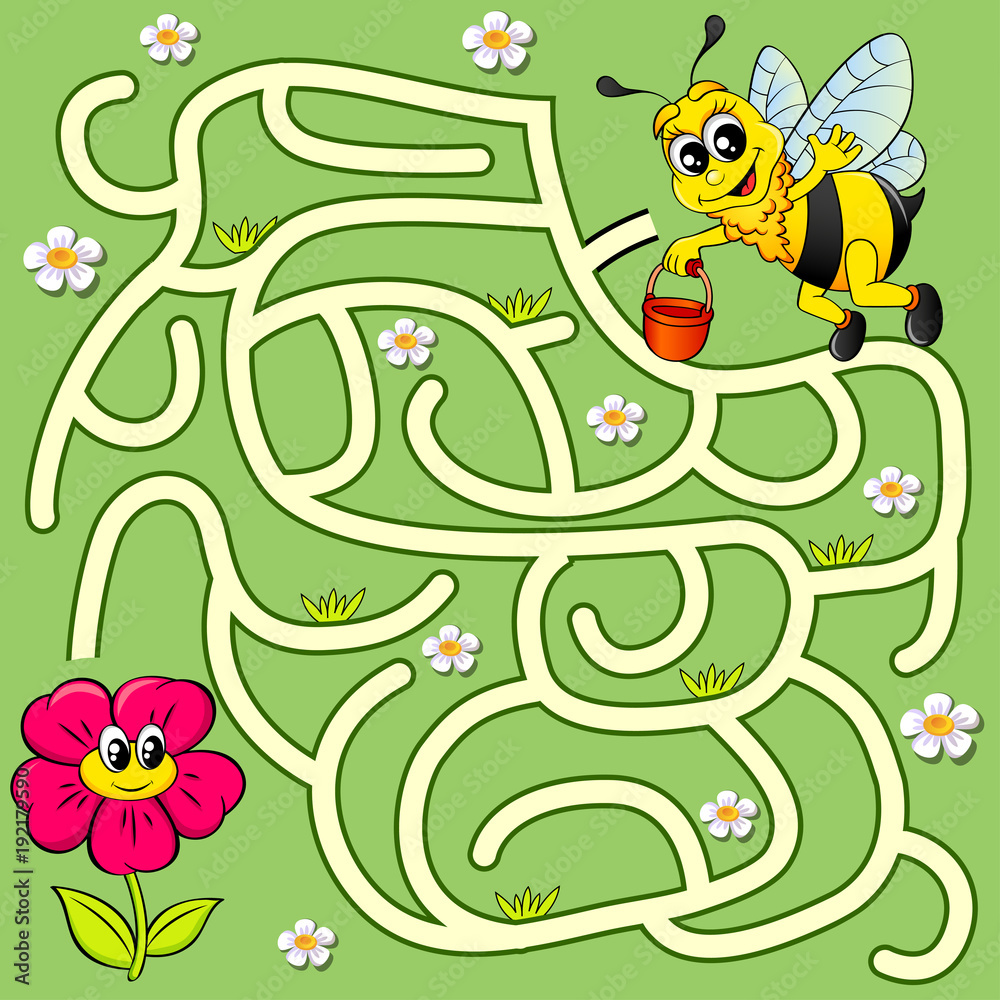 Naklejka premium Help bee find path to flower. Labyrinth. Maze game for kids