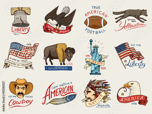 native american set. old, labels or badges for camping, hiking, hunting. statue and bell of freedom or Liberty, flag, eagle and ball with red skinned indian. engraved hand drawn in old sketch.
