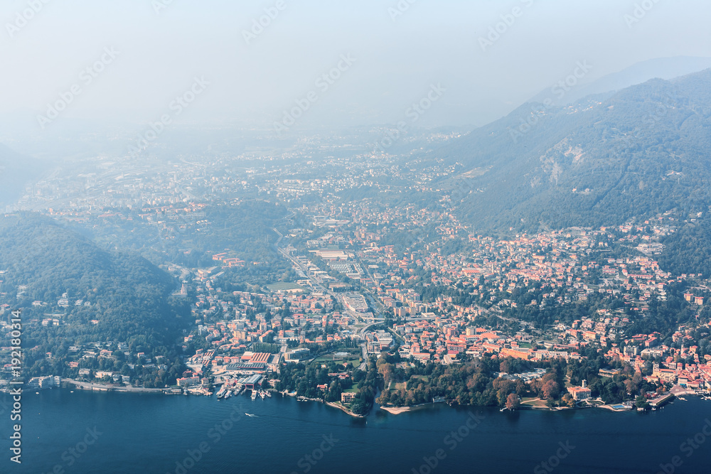 View of the city and Lake Como from a great height. View of the city and Lake Como from a great height.