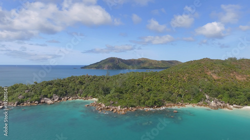 Aerial view of Seychelles coastline from drone