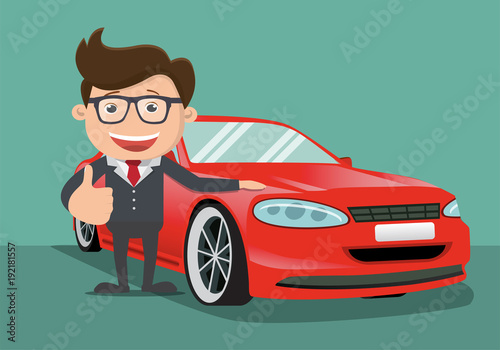 Happy business man  next to the red car. Vector illustration.