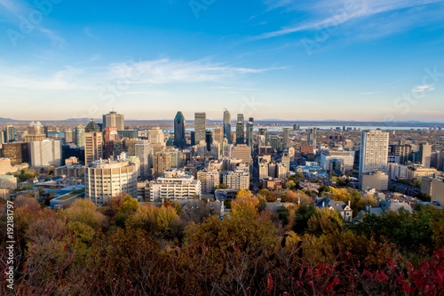 Montreal skyline from the Mont-Royal parc point of view at the end of fall with a bright blue sky.