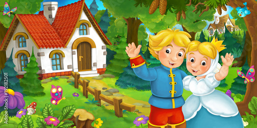 cartoon scene with happy married couple standing and smiling in the forest near the cottage - illustration for children