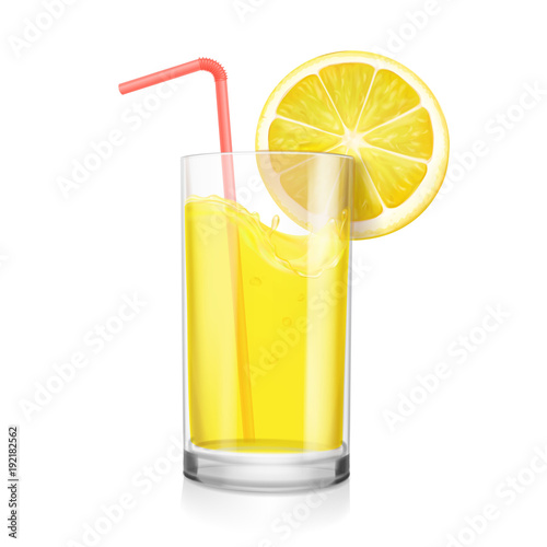 Glass of lemon juice with fruit and drinking straw