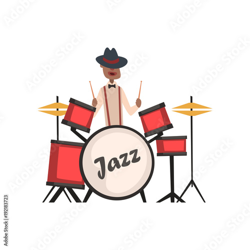 African American jazz musician playing on drums vector Illustration