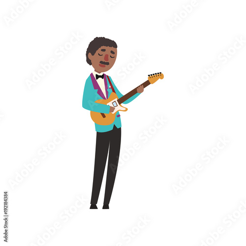 African American jazz musician wearing retro elegant suit playing guitar vector Illustration