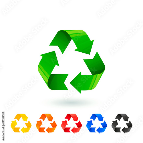 Resycle icons set. Waste sorting, segregation. Different colored recycle signs. Waste management concept. Separation of garbage for recycling metal plastic paper glass organic.