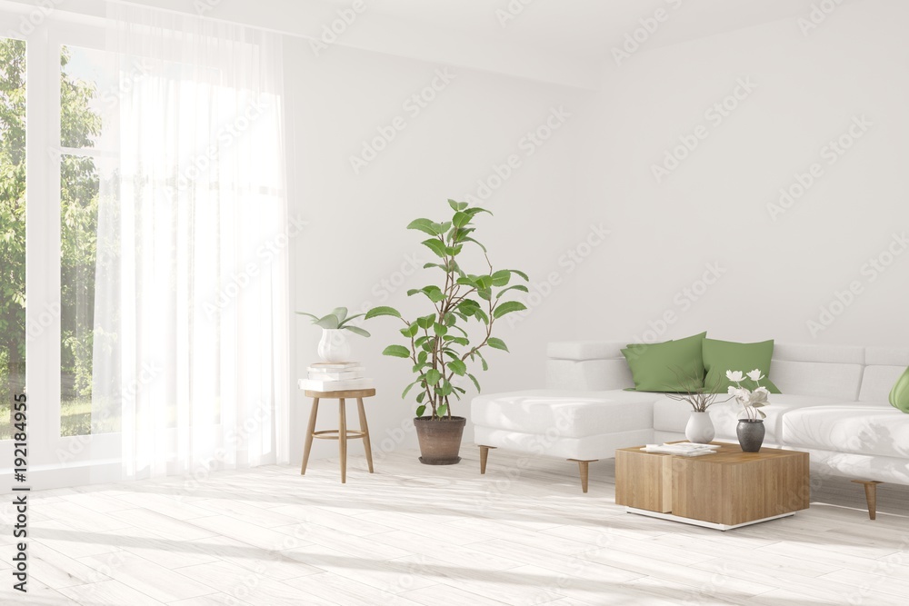 Idea of white room with sofa and summer landscape in window. Scandinavian interior design. 3D illustration Idea of white room with sofa and summer landscape in window. Scandinavian interior design. 3D illustration