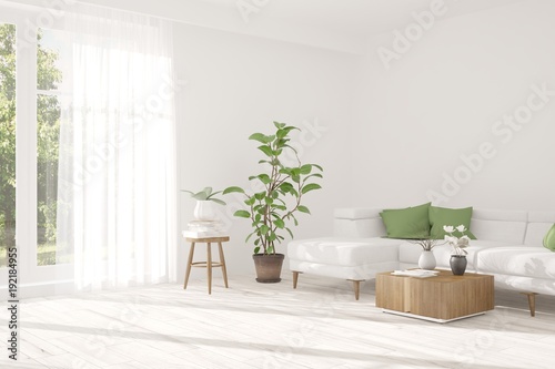 Idea of white room with sofa and summer landscape in window. Scandinavian interior design. 3D illustration