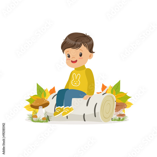 Cute little boy in warm clothing sitting on the birch log in autumn forest, lovely kid enjoying fall, autumn kids activity vector Illustration
