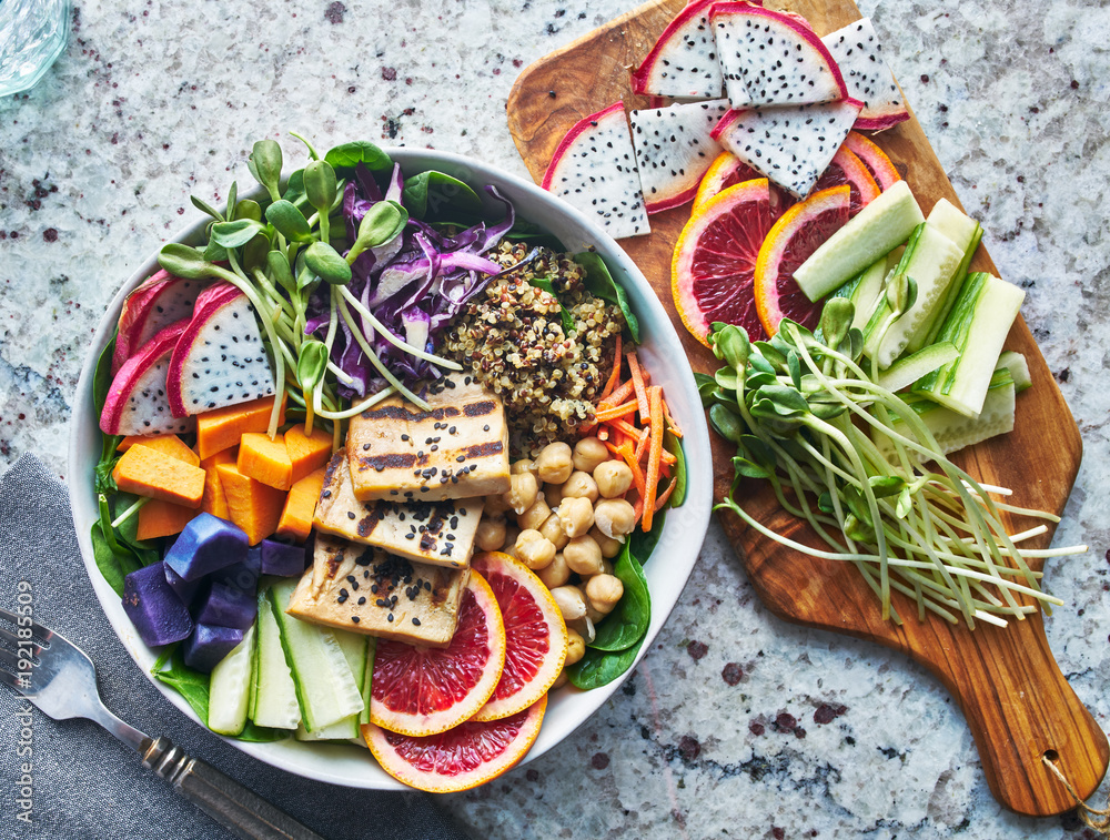 grilled tofu and dragon fruit buddha bowl top view - obrazy, fototapety, plakaty 