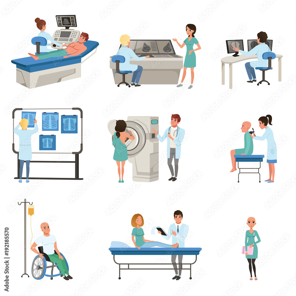 Diagnostic and treatment of cancer set, doctors, patients and equipment for oncology medicine vector Illustrations