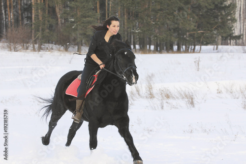 Young woman rides on top a bay horse in winter countryside