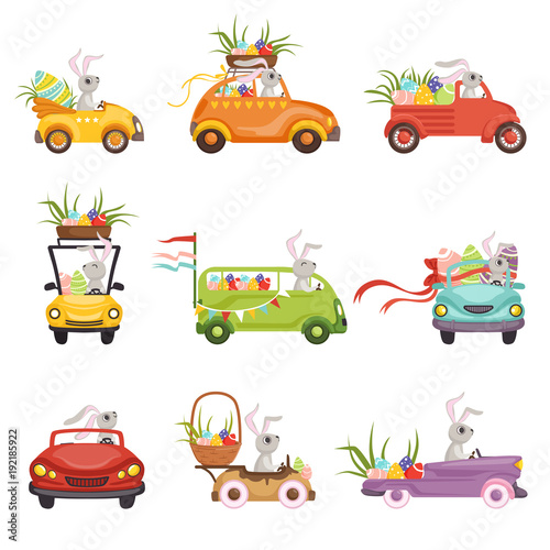 Cute little bunnies driving vintage car decorated with colored eggs set, funny rabbit characters, Happy Easter concept cartoon vector Illustrations
