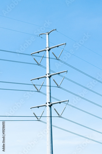 Electricity Transmission Line or Pylon, High voltage power to transfer the electricity from Power plant with the blue sky background