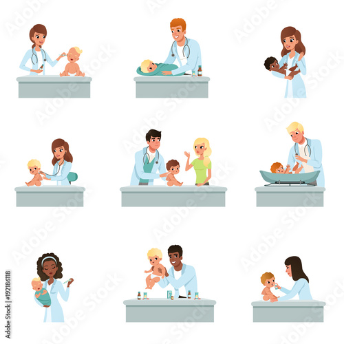 Pediatrician doctors doing medical examination of babies set, male and female doctors checkup for little kids vector Illustrations