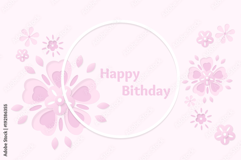 Paper cut birthday card with flowers. Vector illustration