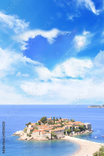 Fototapeta Naklejka Na Ścianę i Meble -  Beautiful view of the island-resort of St. Stefan (Sveti Stefan) on the Budva Riviera, Budva, Montenegro on a sunny day