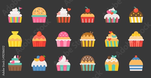 Set of fancy cup cake, flat design icon