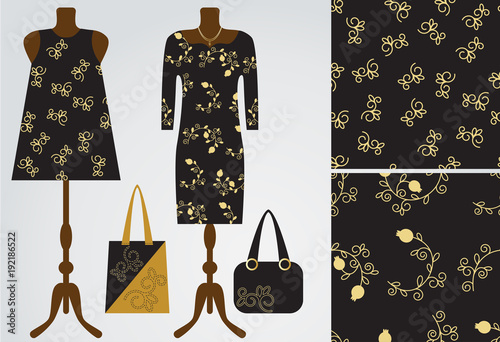 Woman clothes modern stylish boutique, shop. Vector illustration. Two seamless floral pomegranate patterns with its example on the dress mannequin mock up. Maxi and mini dress with bags, golden chain.