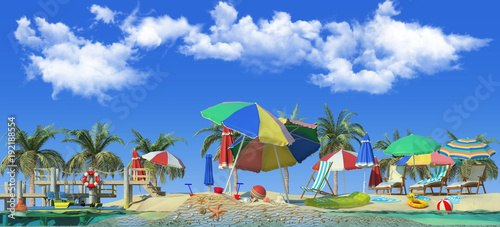 3d rendering of sunny beach. Piece of tropical island with water and sand in cross section. Colorful Illustration of vacation with palms, sun umbrellas, lounge chairs, pier with catamaran.