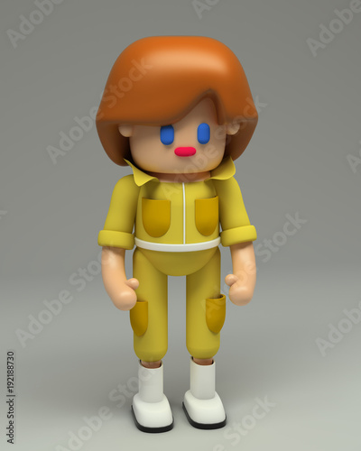 3d rendering of hipster  redhead girl in yellow overalls and white boots. Cartoon stylized 3d character illustration. Cute figure in full growth isolated on grey background.