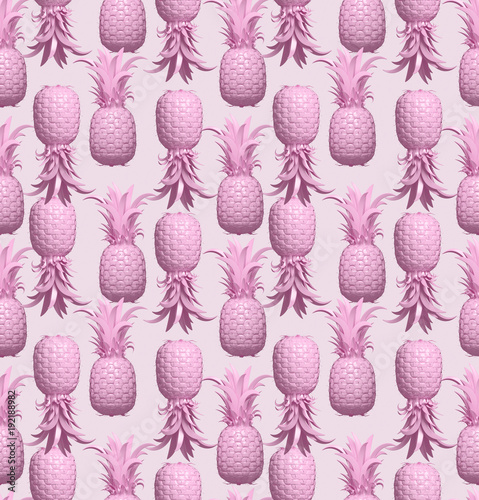 3d rendering of bright tiki style seamless pattern with pineapples. Summer fun background. Trendy poster with vivid colors, pastel pink.