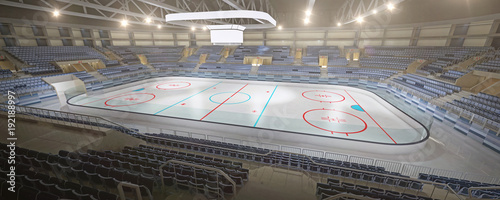 3d hockey stadium with blank cube text space and an empty ice rink sport arena rendering