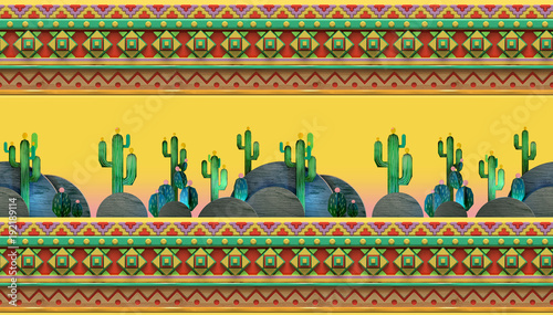 3d Seamless geometric pattern with cactuses.  Colorful mexican theme ornament.