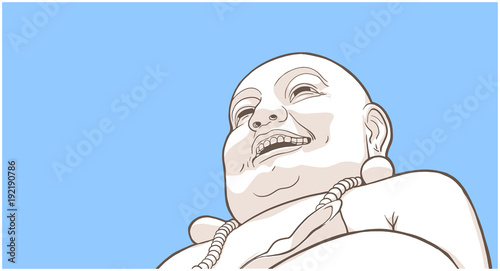 Stylized illustration of Laughing Buddha on blue background