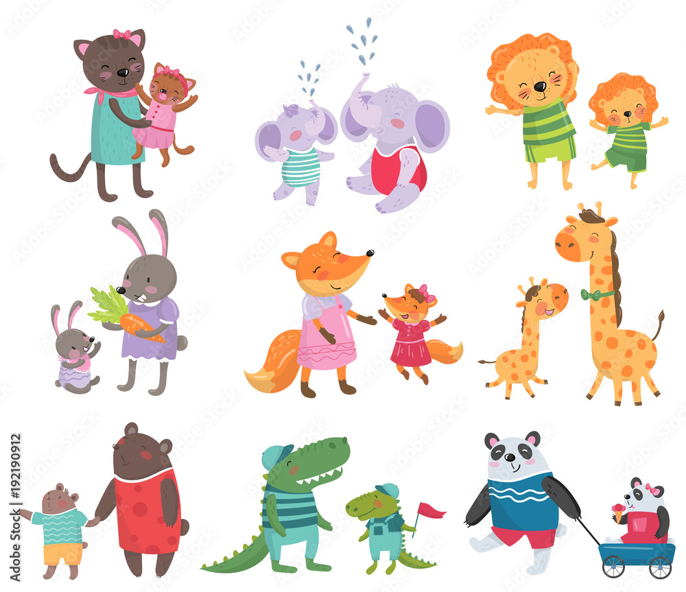 Cartoon set of cute animal family portraits. Cats, elephants, lions,  bunnies, foxes, giraffes, bears, crocodiles and pandas. Flat vector for  children s book or education card Stock Vector | Adobe Stock