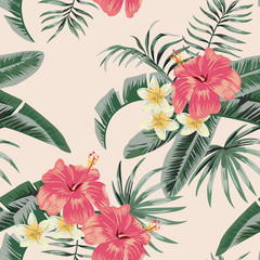 Wandcirkels Botanische print patronen Plumeria en hibiscus tropisch patroon  © berry2046