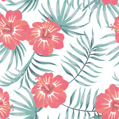 Fotobehang Hibiscus patronen Tropische hibiscus bladeren witte achtergrond  © berry2046