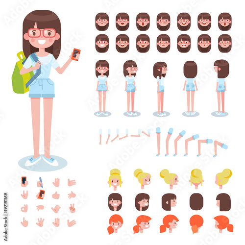  Front, side, back view animated character. Teenager girl character creation set with various views, hairstyles, face emotions, poses and gestures. Cartoon style, flat vector illustration.